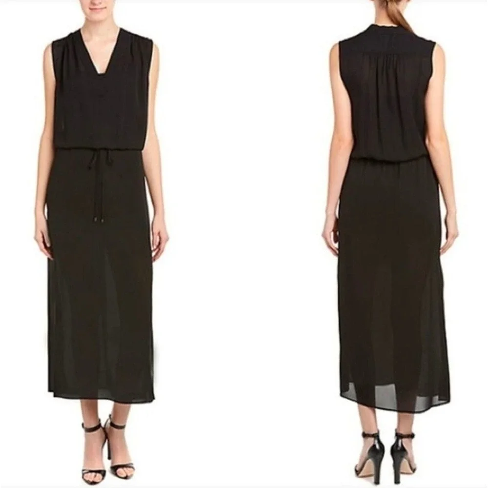 Vince Maxi Dress S Black 100% Silk Sleeveless V-Neck Drawstring Waist Minimalist